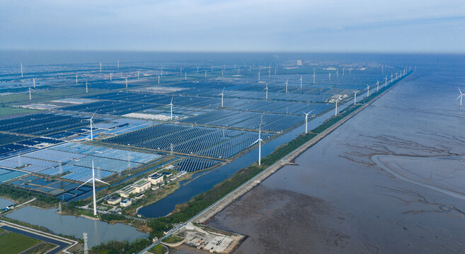  vast floating solar farm and wind turbines over water