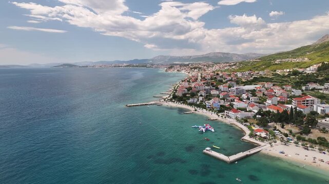 Wide Aerial Panorama Of Podstrana Coast Toward Split, Croatia