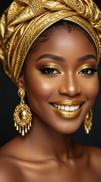 Black woman wears gold head wrap, earrings, golden makeup. Radiant smile shows white teeth. Studio portrait, close up, face, headshot, fashion, beauty, luxury.