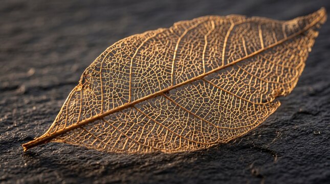 Close-up of a delicate skeleton leaf on a dark textured surface.