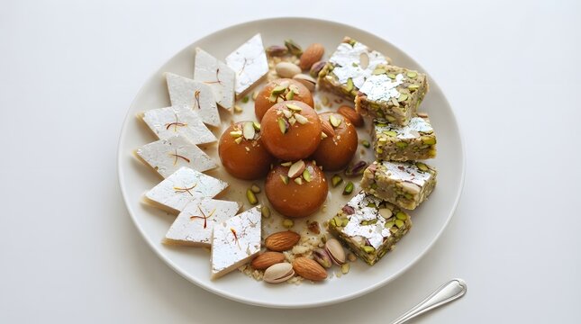 Plate of assorted indian sweets isolated on white background