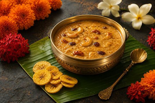 Sweet payasam dessert with nuts in a brass bowl served for happy onam a grand delicious south indian festival in kerala feast
