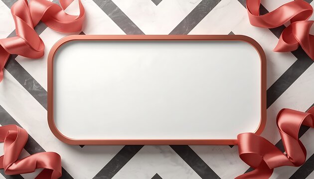 Elegant Coral Satin Ribbon Frame on Geometric Marble Background with Clean Blank Copy Space for Luxury Invitations and Celebratory Designs