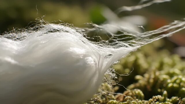 White natural fiber being pulled from a soft cocoon on green moss in bright sunlight