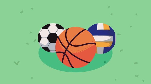 Three Sports Balls Soccer Ball Basketball and Volleyball Resting on Patch of Green Grass, Dynamic Motion Graphic Animation Loop Concept for Athletic Tournament Promo, Sports Broadcast, Fitness Display