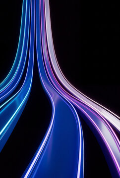 Vertical neon 3D tubes converge into a glowing chrome point
