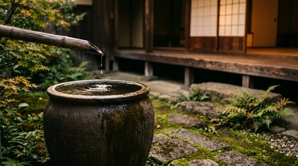 Fototapeta premium Serene Zen Japanese Garden with Bamboo Water Feature, Stone Basin, and Autumn Leaves.