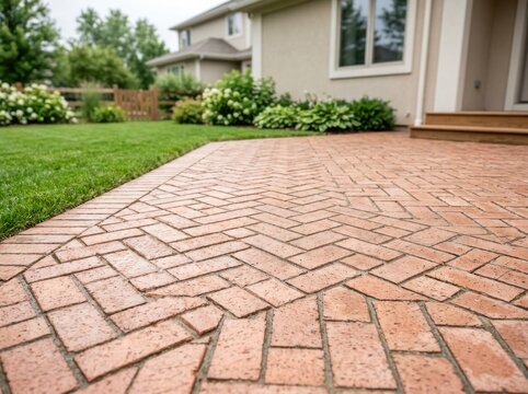 Red brick patio displaying intricate herringbone pattern next to lush green lawn and wooden porch steps suburban home space.