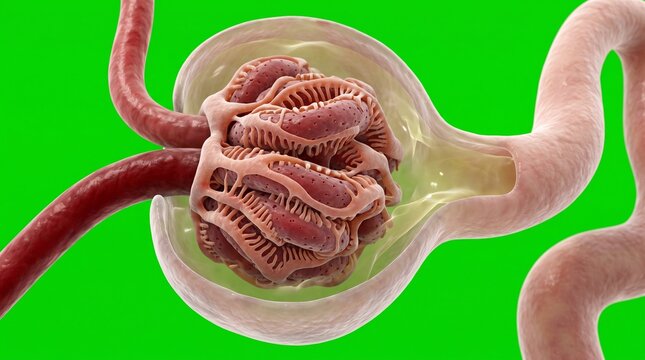 3D medical illustration of a human kidney glomerulus showing blood filtration process.