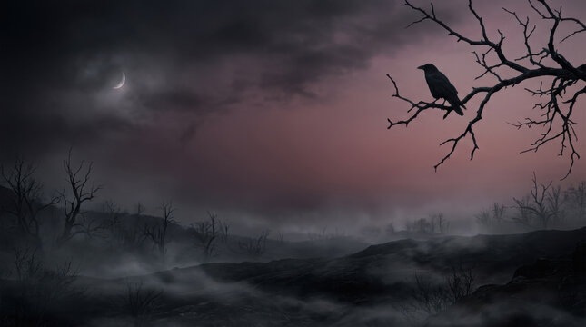 A crow perched on a bare tree branch under a crescent moon in a dark foggy generated using ai