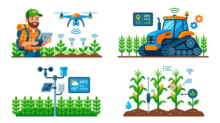 Fototapeta premium Farmer utilizes modern technology, including a drone, smart tractor, weather station, and sensors, to monitor and manage crop growth in various agricultural scenarios.