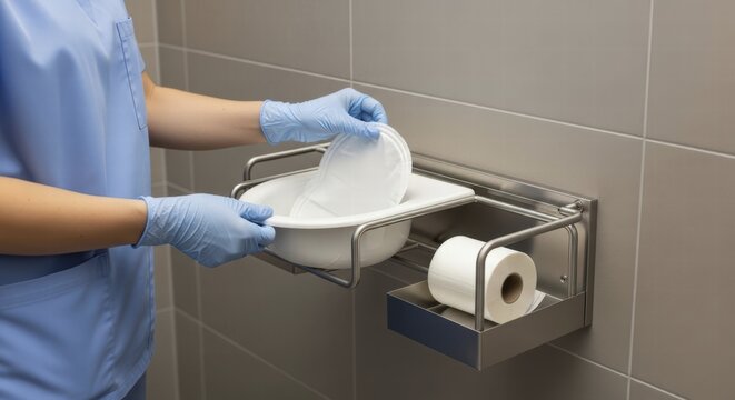 A healthcare professional wearing blue scrubs and nitrile gloves carefully handles a sterile bedpan and toilet paper roll on a wall-mounted holder, AI generated
