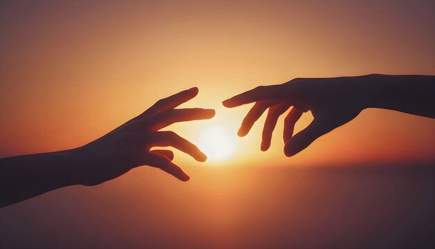 Human connection concept with two hands reaching at sunset, AI generated