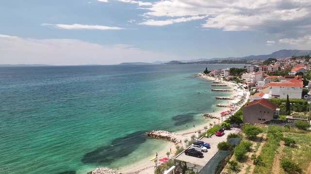 Blue Adriatic Sea And Podstrana Coastline From Above, Croatia