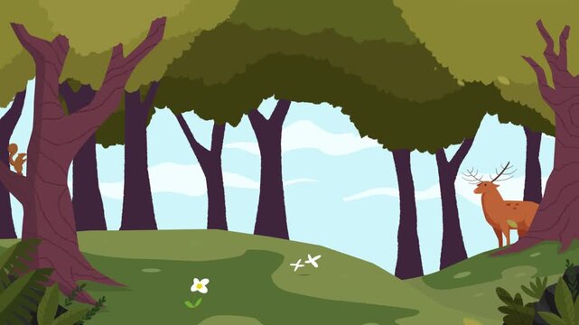 Cartoon Forest Scene Animation Featuring Trees Deer and Squirrel under Partially Visible Sky, Enchanted Motion Graphic Loop Concept for Children Educational Video, Nature Display, or Storybook.