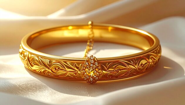 Close up on gold bracelets with patterns 