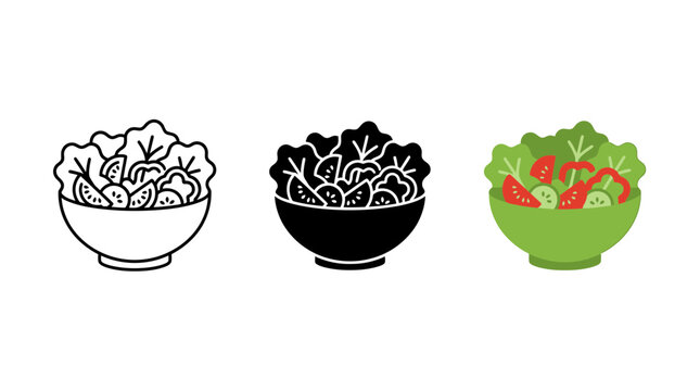 Fresh salad bowl icon set in linear solid and color styles with vegetable, cucumber
