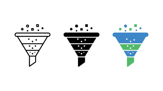 Data filtering funnel icon set in multiple styles with business marketing analysis