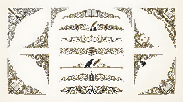 Vintage ornamental corner flourishes for elegant book cover design elements and decorative borders