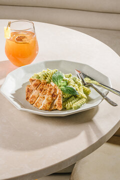Pesto pasta with roasted chicken