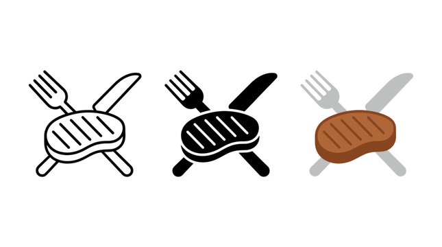 Crossed fork and knife with grilled steak fillet icon set in various styles, restaurant