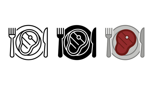 Icon set of beef steak served on plate with fork and knife flat line style, restaurant
