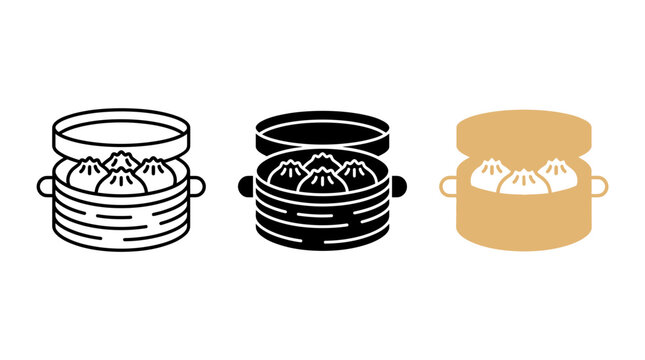 Dim sum icon set: line art, silhouette, and color illustration of dim sum pot
