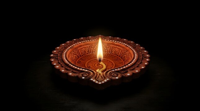 A beautifully crafted terracotta diya lamp with intricate patterns and white dots, lit with a single flame against a black background