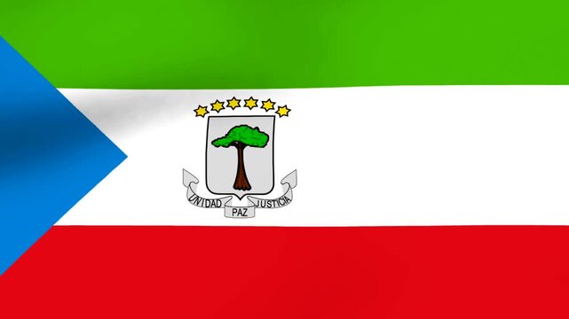 Waving flag of Equatorial Guinea with green white and red horizontal stripes and blue triangle