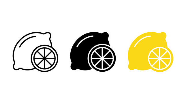 Lemon and sliced lemon fruit icon set in outline solid and flat styles with ingredient
