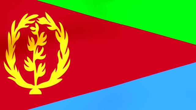 Waving flag of Eritrea with green and blue triangles and red central triangle with yellow wreath emblem