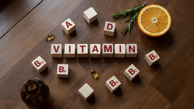 Vitamin wooden blocks spelling with orange slice