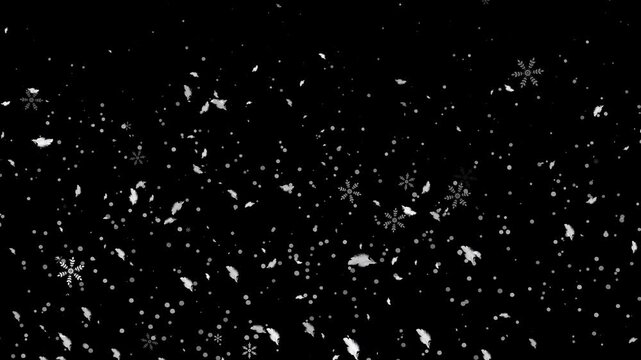 White snow overlay layer snow falling isolated, snowflakes falling with bokeh effect and winter glitter shine layer on black background, Shallow depth of field, Mask included, 4K
