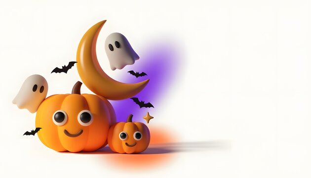Cute 3D Halloween Pumpkins, Ghosts, Crescent Moon and Bats on White Background