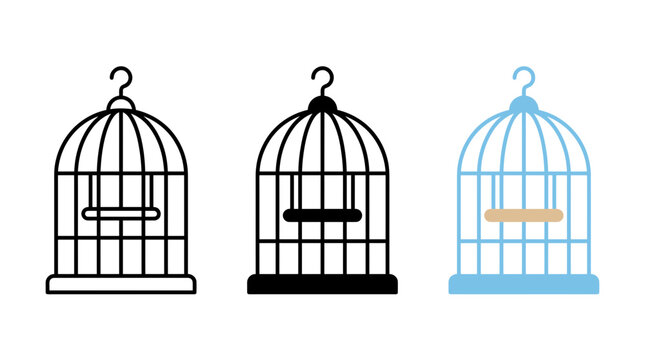 Bird cage icon set in outline silhouette and color styles with birdcage, enclosure