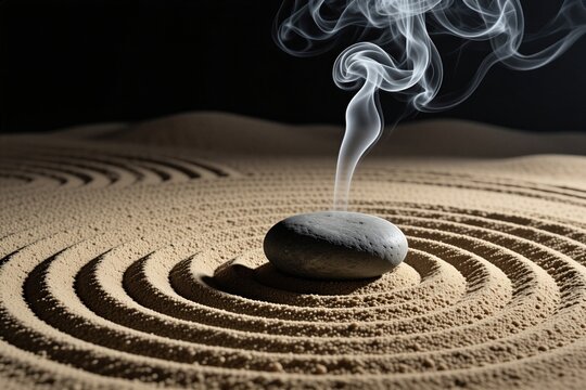 Close up view of incense smoke rising above smooth stone on raked sand garden. Abstract swirls of grey vapor drift over patterned desert surface. Minimalist Japanese style setup offers deep