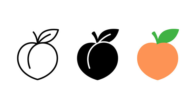 Fresh peach fruit icons in outline solid and flat styles with agriculture, nutrition