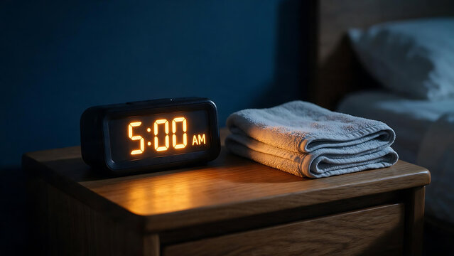 Digital Alarm Clock Showing Five AM on Nightstand