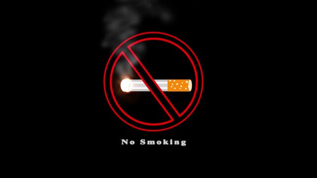 No smoking symbol with lit cigarette and emitting smoke. Animation of no smoking with cigarette and red circle. Health concept, better quality of life. Black Background.4k motion video.