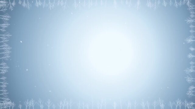 Snowy winter background with animated white tree border and falling snowflakes on light blue gradient motion video clip.