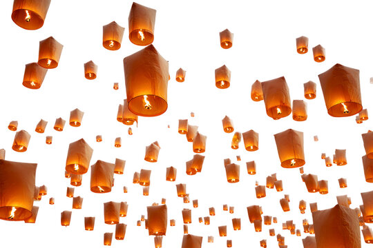 Traditional Red Sky Lanterns Floating in Large Numbers, Isolated
