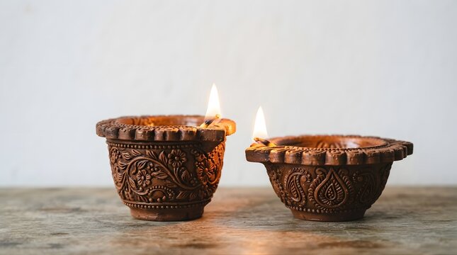 Two traditional clay diya lamps with lit flames on wooden surface