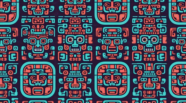Red and teal Mayan inspired geometric pattern with repeating glyphs and faces. This ancient tribal design suits for fabric, wallpaper, and digital art backgrounds.