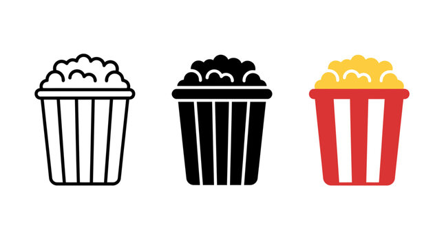 Striped popcorn box icon set in outline solid and flat design variations with snacking