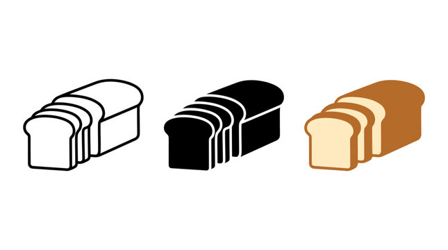 Set of sliced bread loaf icons in three different styles including outline solid
