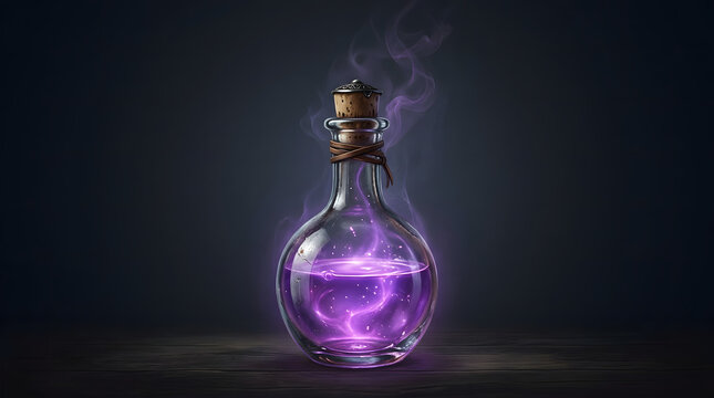 Mystical glowing purple potion bottle with swirling smoke and magical elixir on dark wood