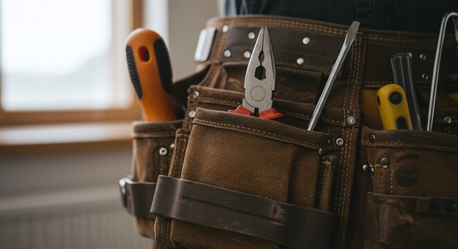A close-up of a well-worn leather tool belt filled with various hand tools. Concept of manual labor and skilled trades