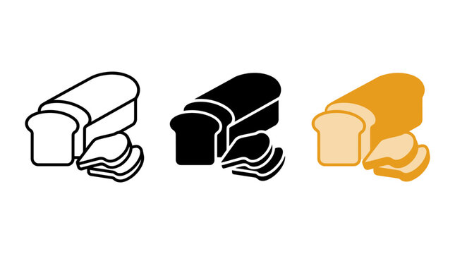Set of bread loaf icons with separate slices in three different styles outline solid