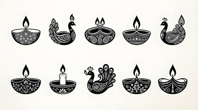 Set of decorative diwali diya lamp illustrations