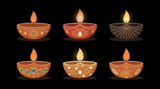 Set of colorful traditional indian oil lamps diya for diwali festival, flat vector illustration